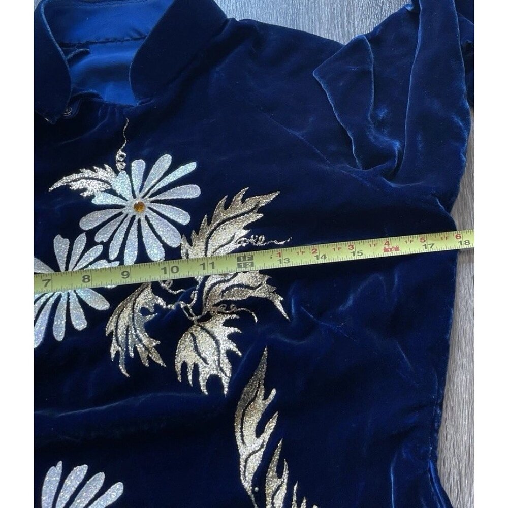 Vintage Cheongsam Long Dress Sz S Blue Velvet Asian Mandarin White Daisy Sparkle - Picture 5 of 13